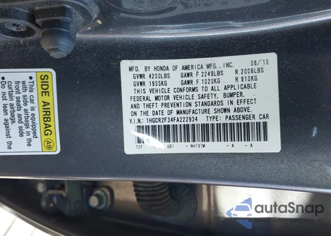 2015 Honda Accord Lx z USA, uszkodzony, nr VIN 1HGCR2F34FA222934